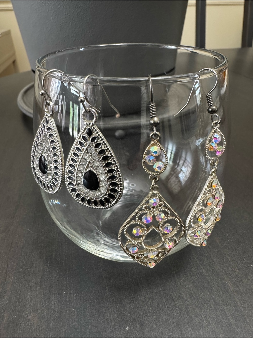 2 pair Earrings Teardrop Dangle Filigree Silver tone Stones Fishhooks Vtg look